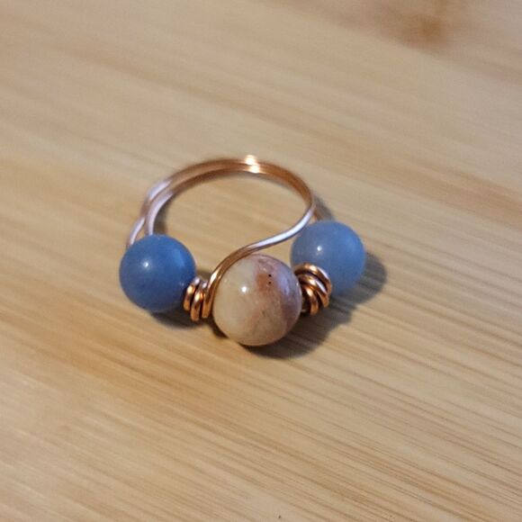 Handmade Sunstone and Blue Aventurine Copper Wire Wrapped Ring - Picture 3 of 4